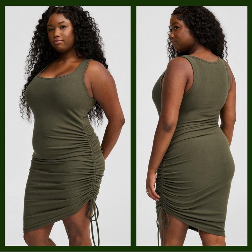 Torrid Olive Green Cinched Dress Ruched Scoop Neck NWT $66 - Picture 8 of 9